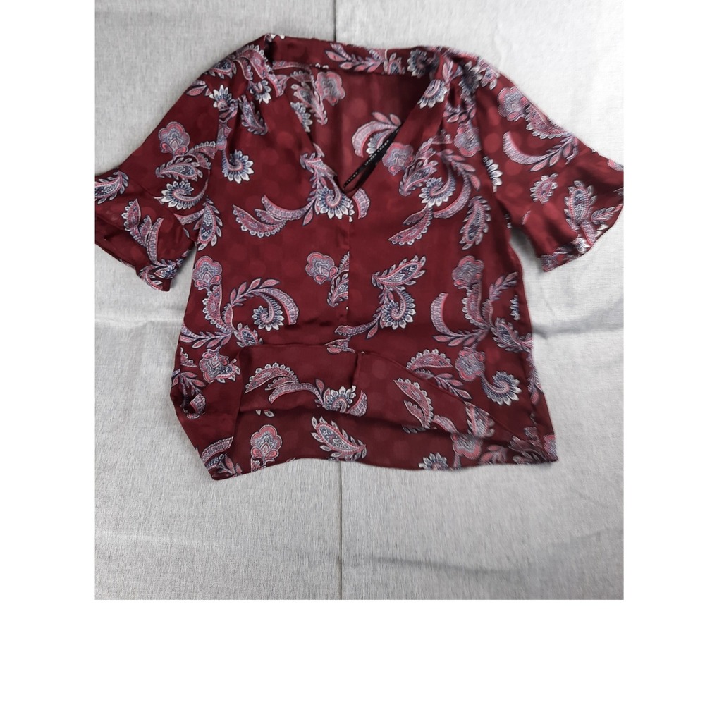 Ivanka Trump Women Chest Sz 36 Paisley V-Neck Blouse Bell Short Sleeve MaroonRed